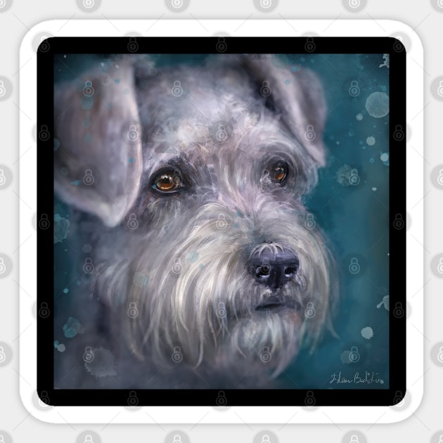 Painting of a White Schnauzer on Blue Background Sticker by ibadishi